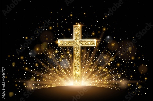 Gold glitter Christian cross in light on black background. Catholic religious symbol vector illustration. Shining merry Christmas golden icon with rays of sun and glowing stars