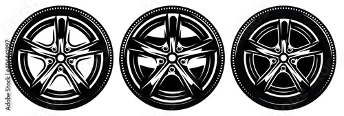 Car metal rim with tire. Set of vector illustrations. Template for logo design, corporate style, business card, poster, website