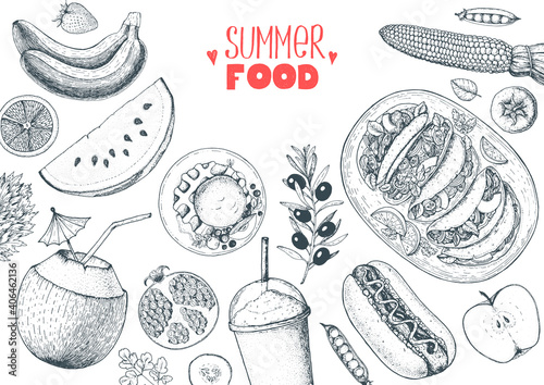 Summer food vector illustration. Variety food sketch collection. Top view engraved illustration.