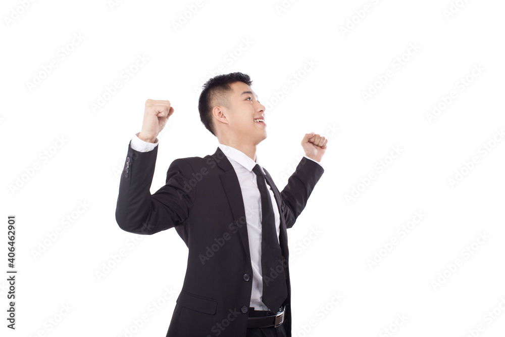 Portrait of a young bisinessmraising his arms Portrait of a young bisinessmraising his arms