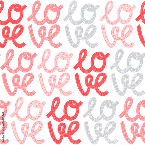 Seamless pattern for Happy Valentine's Day celebration with holiday symbols and hand written lettering.