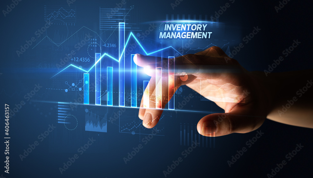 Hand touching INVENTORY MANAGEMENT button, business concept Hand touching INVENTORY MANAGEMENT button, business concept