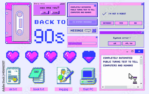 Set of clipart elements with retro obsolete things: floppy disk, user interface icons, etc. Trendy modern fashion patch or sticker set in pixel art style like in old arcade video games of the 80s.