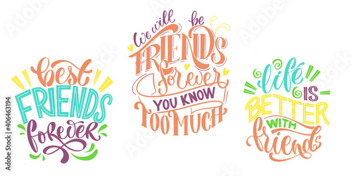 Quote about friends. Happy Friendship day phrase. Vector design elements for t-shirts, bags, posters, cards, stickers and badges.