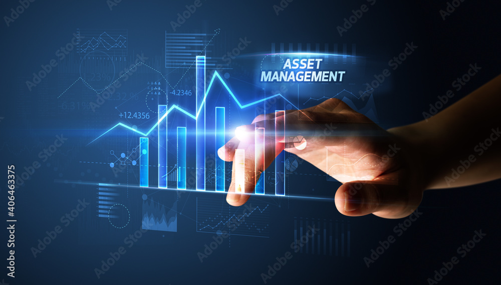 Hand touching ASSET MANAGEMENT button, business concept Hand touching ASSET MANAGEMENT button, business concept