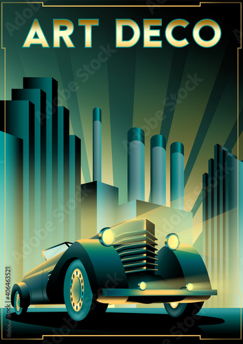 Dekoracja na wymiar  retro-car-poster-with-art-deco-style-handmade-drawing-vector-illustration