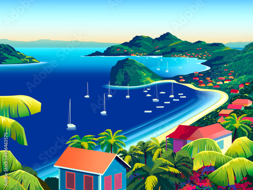 Tropical Island landscape with traditional houses, palm trees, yachts, flowers, islands and the sea in the background.