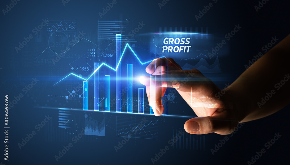 Hand touching GROSS PROFIT button, business concept