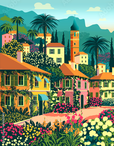 Mediterranean romantic landscape with traditional houses, churches, flowers, bell towers, palms and mountains in the background.