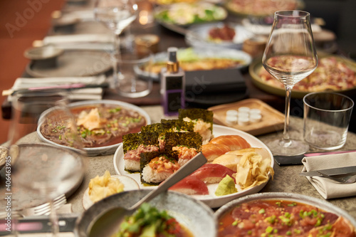 Luxury served evening banquet at modern restaraunt