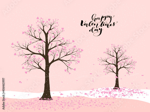 Valentine tree with heart leaves flying and falling down on the ground. Couple Love trees on pink background, Vector illustration greeting card for Valentine'd s day