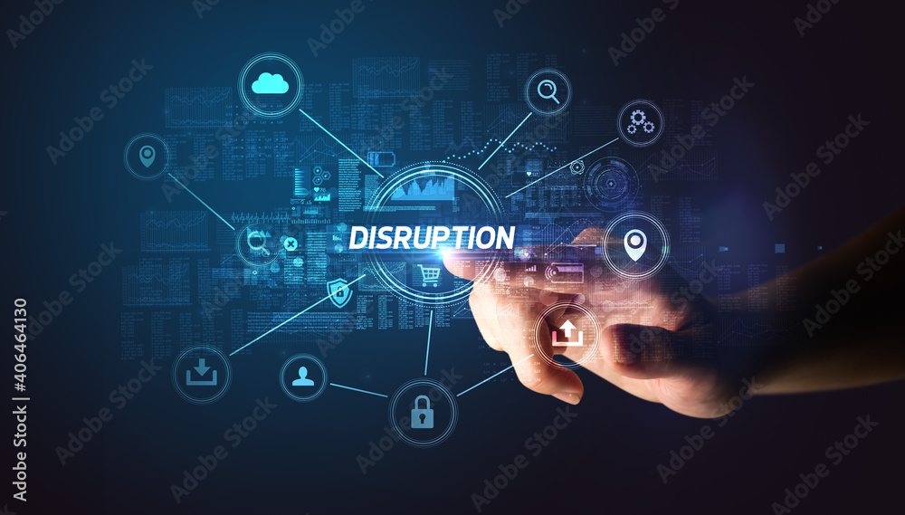 Hand touching DISRUPTION inscription, Cybersecurity concept