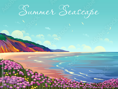 Summer seascape with beach, flowers, cliffs, clouds and sea.