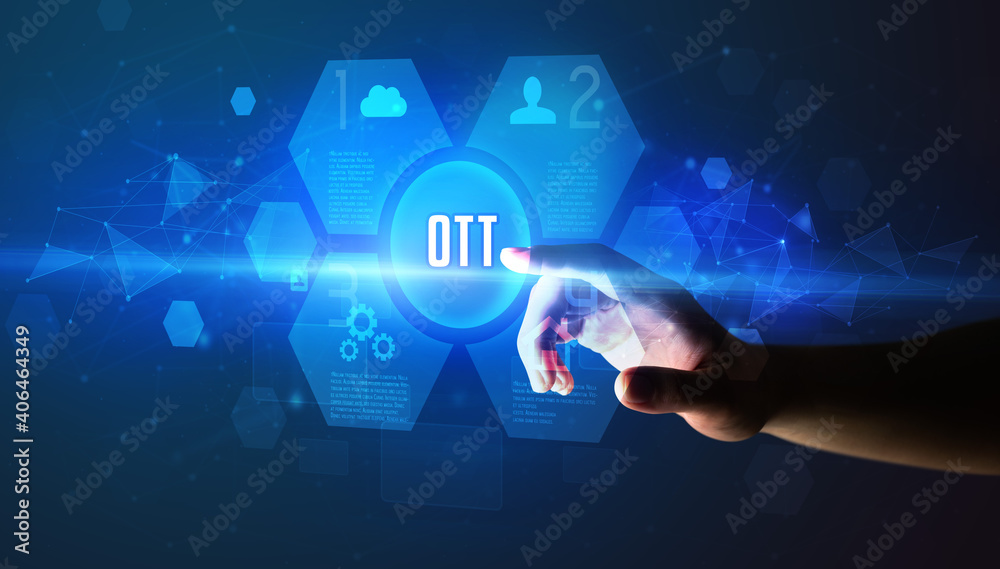 Hand touching OTT inscription, new technology concept Hand touching OTT inscription, new technology concept