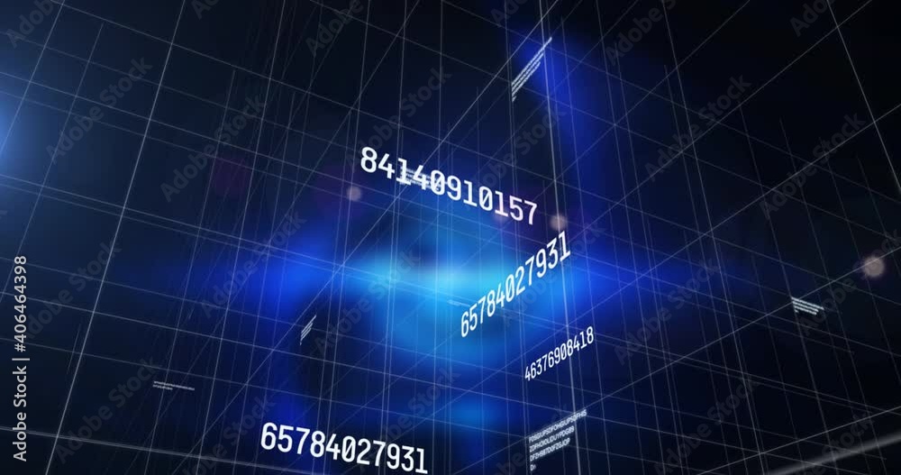 Animation of number changing and data processing over grid on glowing blue background Animation of number changing and data processing over grid on glowing blue background