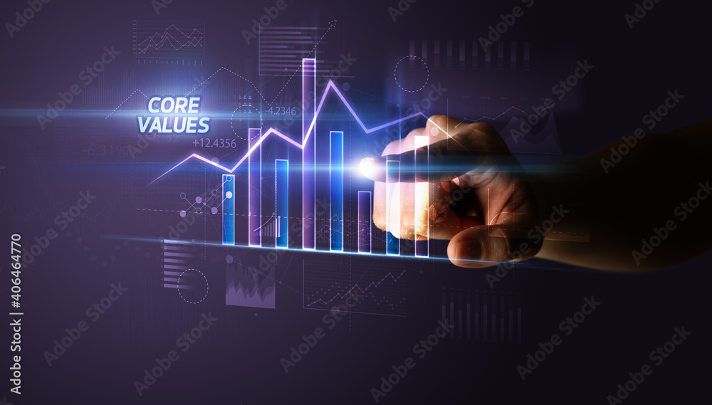 Hand touching CORE VALUES button, business concept Hand touching CORE VALUES button, business concept