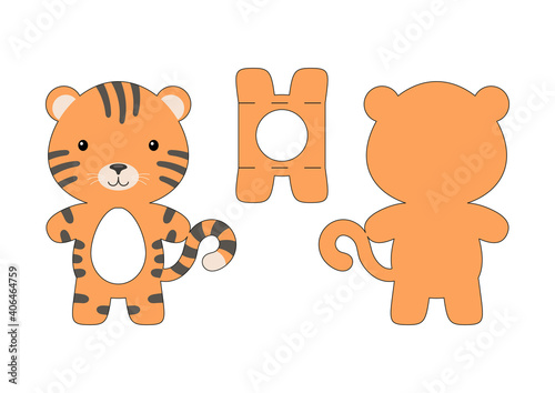 Cute die cut tiger chocolate egg holder template. Retail paper box for the easter egg. Printable color scheme. Laser cutting vector template. Isolated vector packaging design illustration.