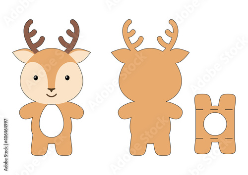 Cute die cut deer chocolate egg holder template. Retail paper box for the easter egg. Printable color scheme. Laser cutting vector template. Isolated vector packaging design illustration.