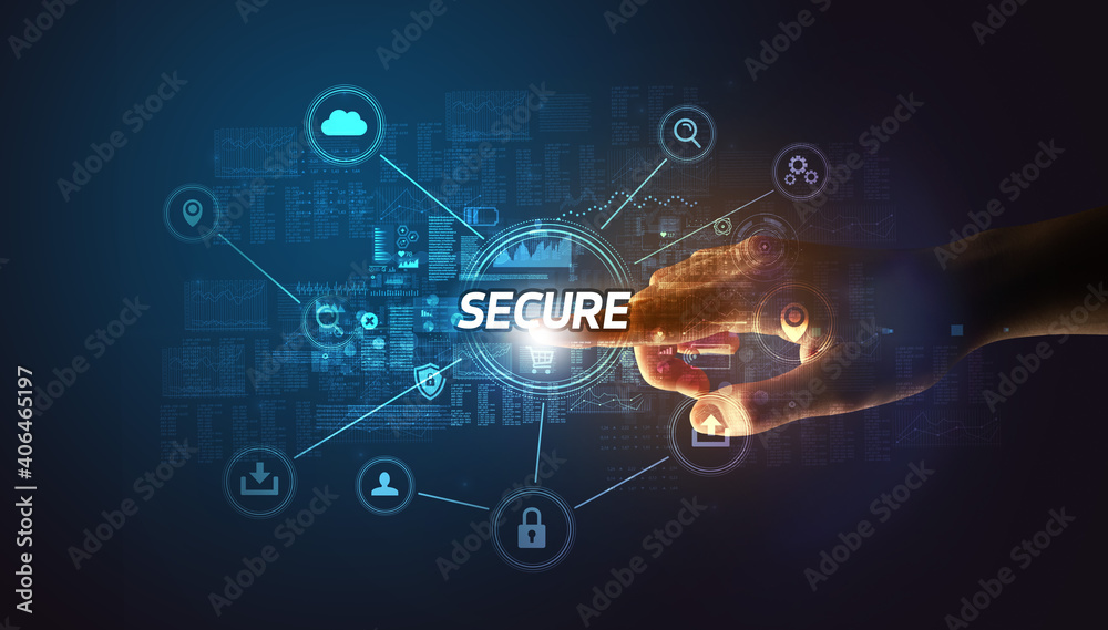 Hand touching SECURE inscription, Cybersecurity concept Hand touching SECURE inscription, Cybersecurity concept