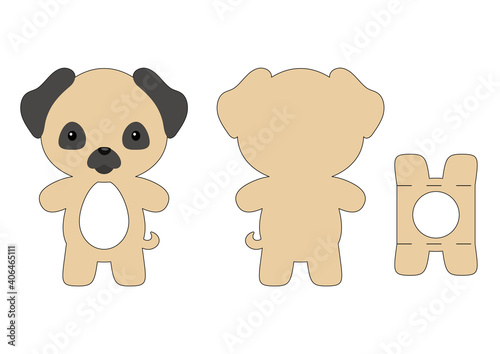 Cute die cut pug dog chocolate egg holder template. Retail paper box for the easter egg. Printable color scheme. Laser cutting vector template. Isolated vector packaging design illustration.