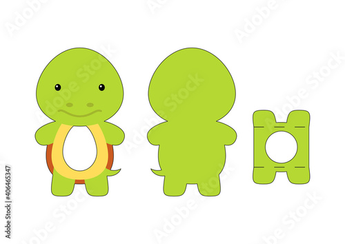 Cute die cut turtle chocolate egg holder template. Retail paper box for the easter egg. Printable color scheme. Laser cutting vector template. Isolated vector packaging design illustration.