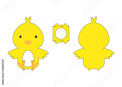 Cute die cut chicken chocolate egg holder template. Retail paper box for the easter egg. Printable color scheme. Laser cutting vector template. Isolated vector packaging design illustration.