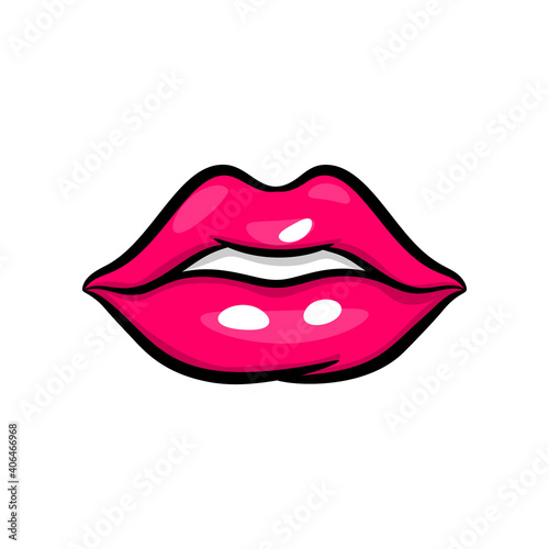 Pink red woman smile lips in pop art style isolated on white background. Cartoon girl make up vector illustration. Sexy pop art lips sticker with. Vintage cartoon pop art of girl pink lips.