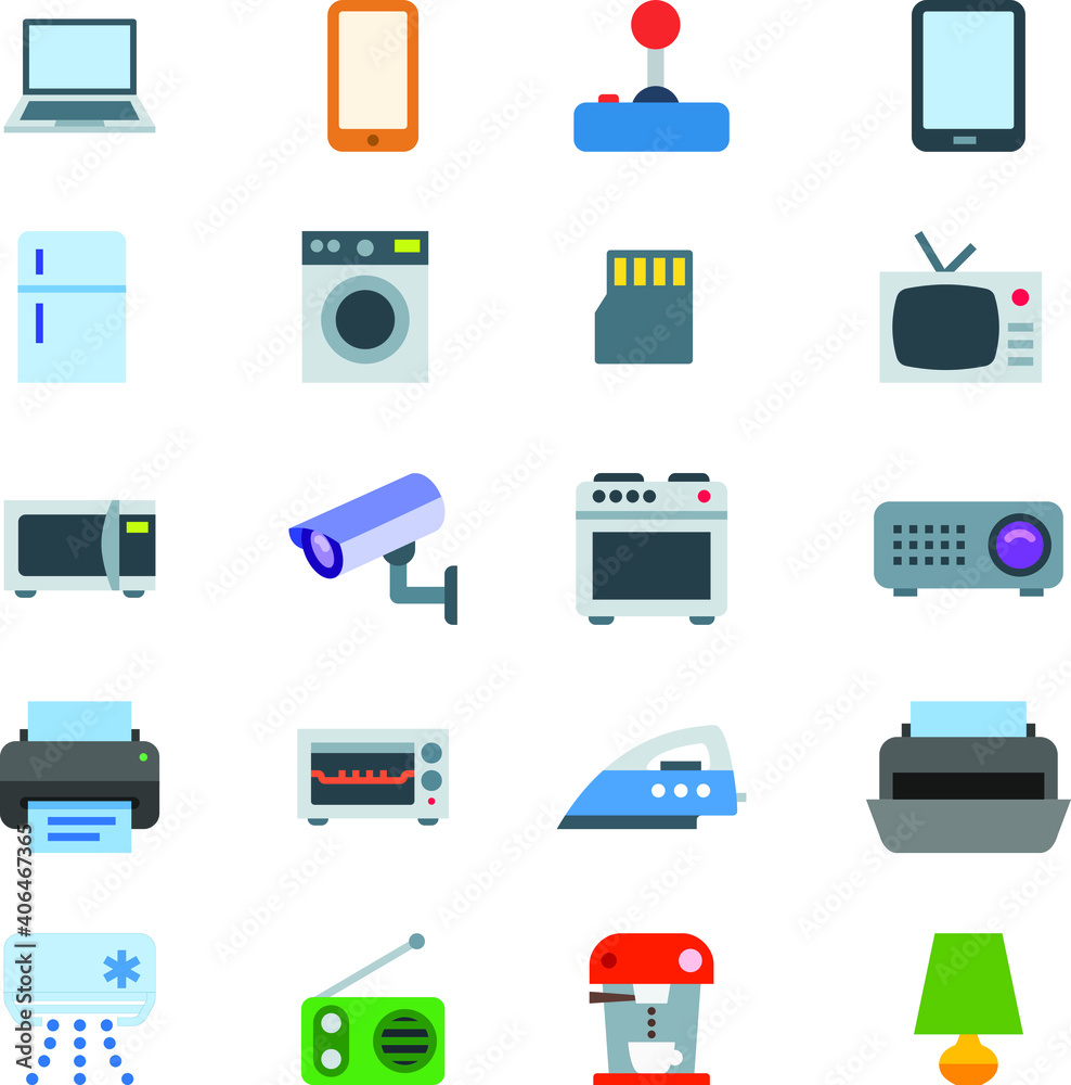 electronic gadgets flat icons with TV fridge washing machine security camera sim card projector oven printer radio coffee machine table lamp mobile joystick tablet laptop iron box AC dish washer electronic gadgets flat icons with TV fridge washing machine security camera sim card projector oven printer radio coffee machine table lamp mobile joystick tablet laptop iron box AC dish washer