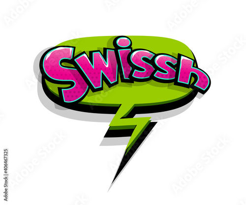 Lettering swish, swissh, shh. Comic text logo sound effects. Vector bubble icon speech phrase, cartoon font label, sounds illustration. Comics book funny text.