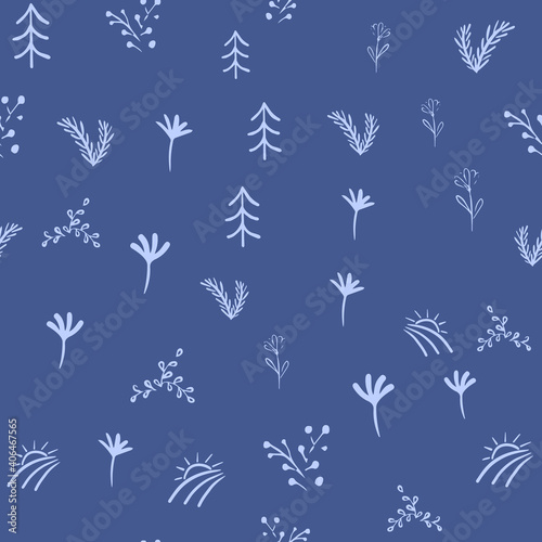 Abstract floral seamless pattern, hand drawn plant elements with leafs, vector blue background. Doodle texture. Vecotr illustration for fabric, textile, wrapping