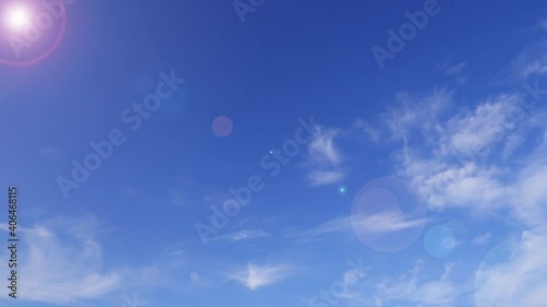 Building motion of white Crown shape cloud n puffy fluffy cumulus cloudscape on sunny clear blue sky background with Len flare effect or bright sun light ray n sunbeam, 4k cinemagraph b-roll TimeLapse