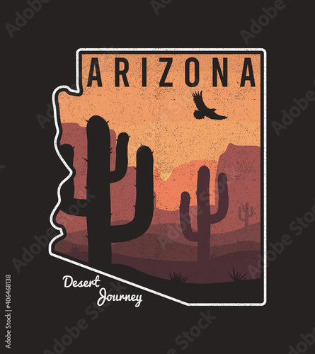 Vintage Arizona t-shirt design with cactus, mountain, eagle and Arizona State map. Typography graphics for tee shirt, retro print with slogan and grunge. Vector illustration.
