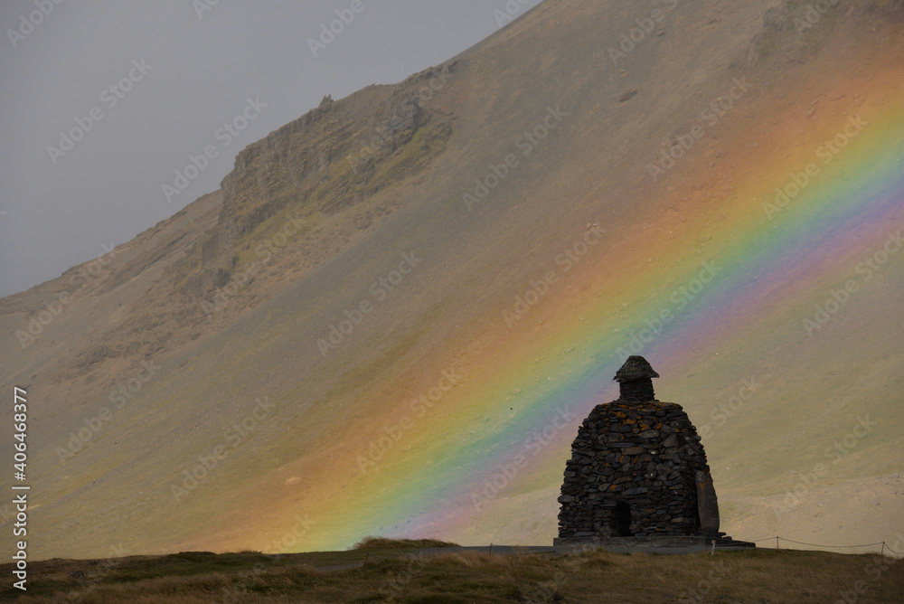Rainbow over Bárðar Saga Snæfellsáss StatueSnæfellsjökull National Park