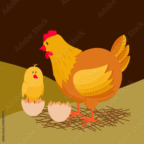 Hen and chick. Vector illustration for animation. Editable strokes. A chicken and a chicken that hatched from an egg. The birth of a chicken.