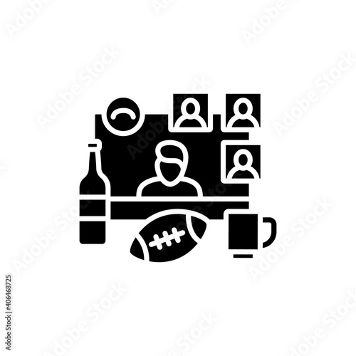 Online football party glyph icon. Meeting together concept. Internet streaming. Live sport translation. Social distanced party. Remote public event. Isolated silhouette vector illustration