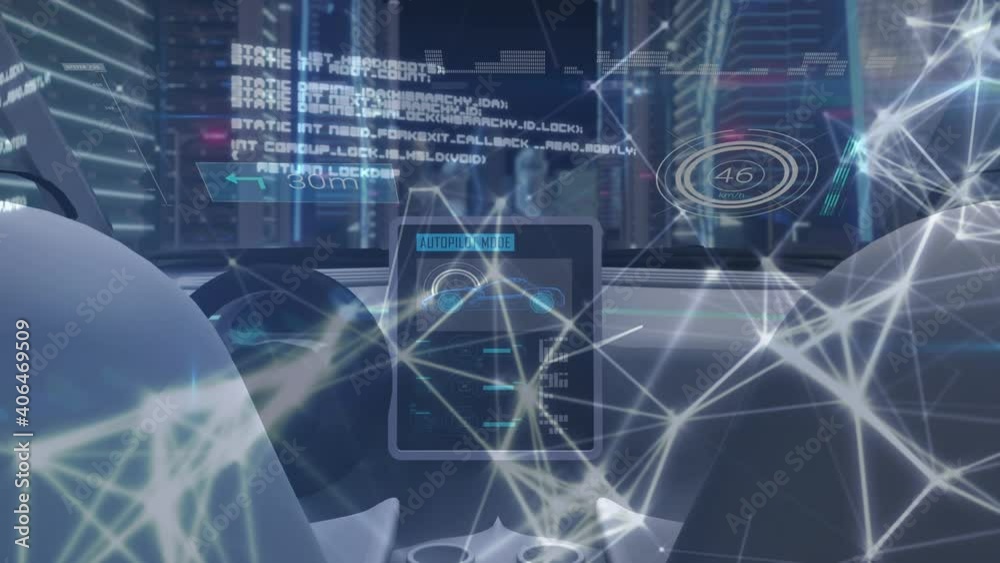 Animation of networks of connections and data processing over car dashboard with digital tablet Animation of networks of connections and data processing over car dashboard with digital tablet