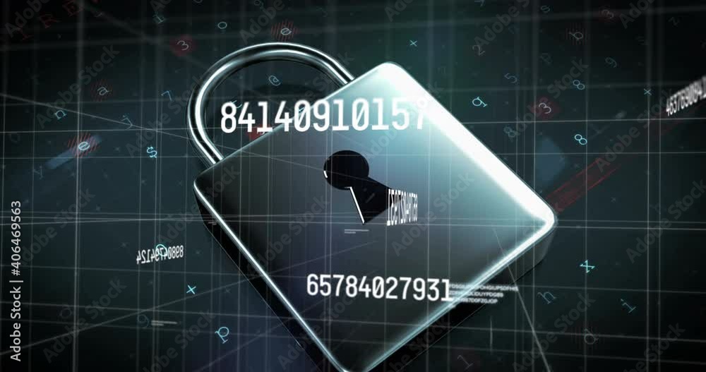 Digital animation of online security concepts and changing numbers over security padlock icon agains