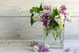 A bouquet of spring purple and white lilacs in a vase on a light wood background. Glass transparent container with water. Aromatic composition of horizontal arrangement. Soft focus