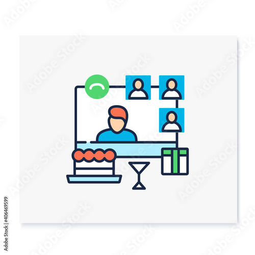Online birthday color icon. Meeting together concept. Live stream holiday celebration. Social distanced party. Remote public event, community. Isolated vector illustration