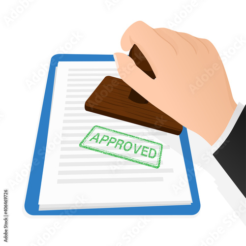 Flat icon with approved stamp hand for paper design. Business concept. Vector illustration.