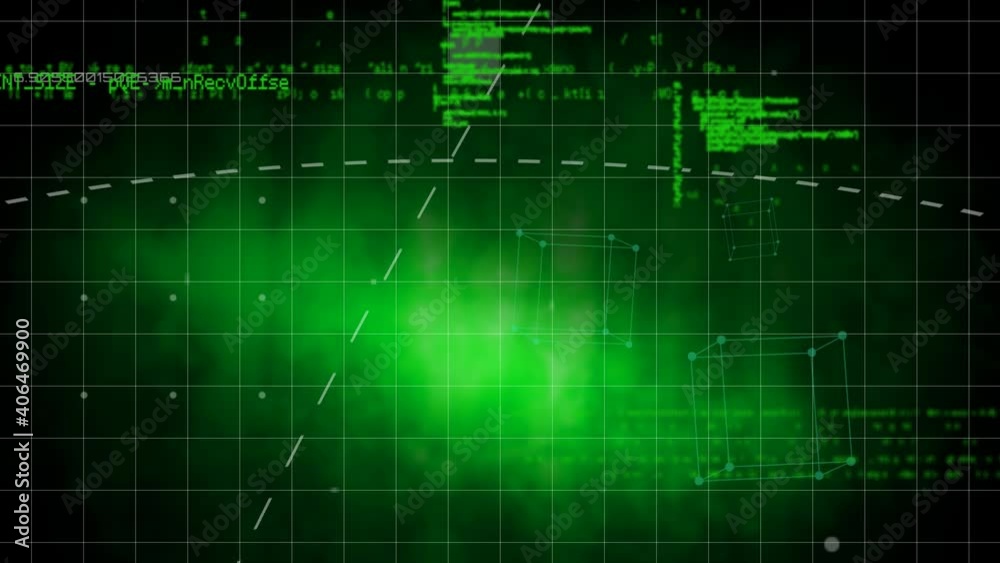 Digital animation of data processing over grid network against cube shapes on green background
