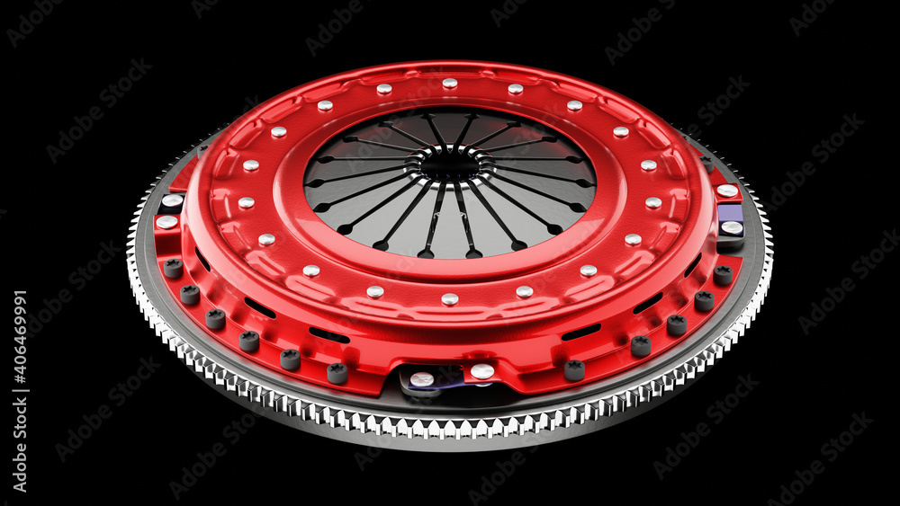 Obraz premium Clutch kit assembly on a completely black background, part of a series; spare parts sale concept