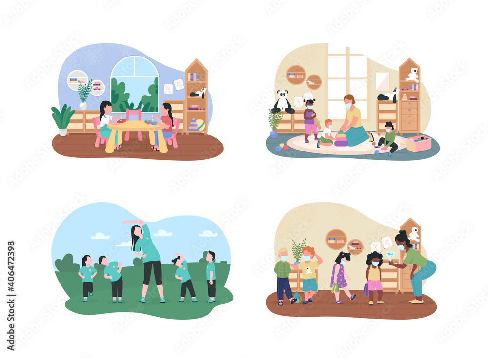 Fototapeta premium Kindergarten lessons 2D vector web banner, poster set. Preschool teachers and pupils flat characters on cartoon background. Elementary class printable patch, colorful web element collection