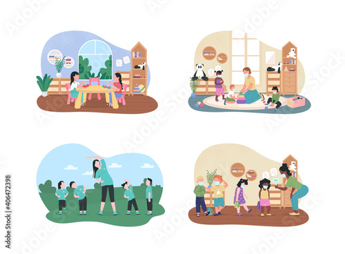 Kindergarten lessons 2D vector web banner, poster set. Preschool teachers and pupils flat characters on cartoon background. Elementary class printable patch, colorful web element collection