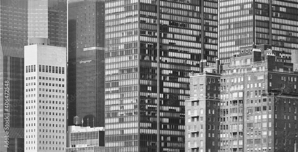 Black and white picture of New York City modern architecture, US.
