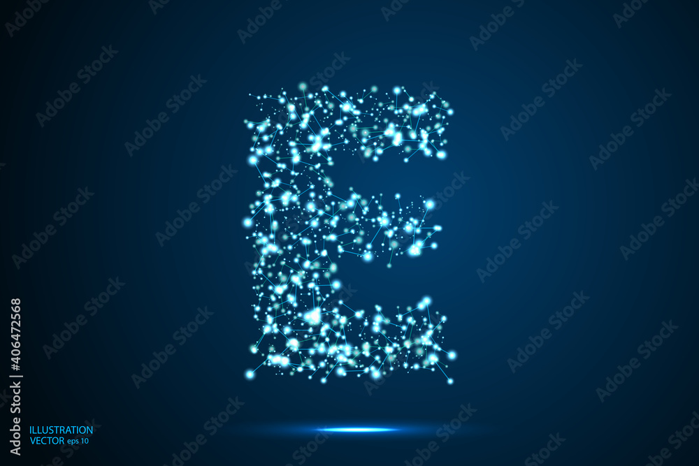 English letters abstract font consists 3d of triangles, lines, dots and connections. On a dark blue background cosmic universe stars, meteorites, galaxies. Vector illustration EPS 10.