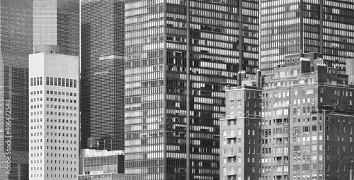 Black and white picture of New York City modern architecture  US.