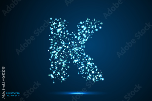 English letters abstract font consists 3d of triangles, lines, dots and connections. On a dark blue background cosmic universe stars, meteorites, galaxies. Vector illustration EPS 10.