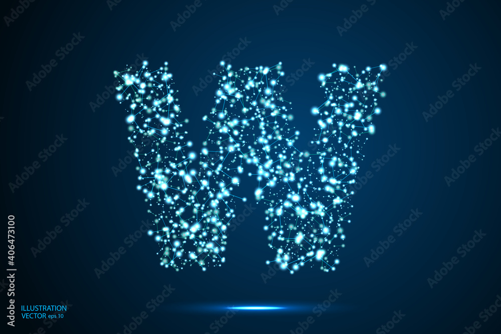 English letters abstract font consists 3d of triangles, lines, dots and connections. On a dark blue background cosmic universe stars, meteorites, galaxies. Vector illustration EPS 10.