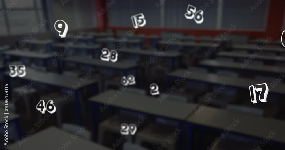 Digital composition of multiple mathematical numbers moving against empty classroom in bakground Digital composition of multiple mathematical numbers moving against empty classroom in bakground
